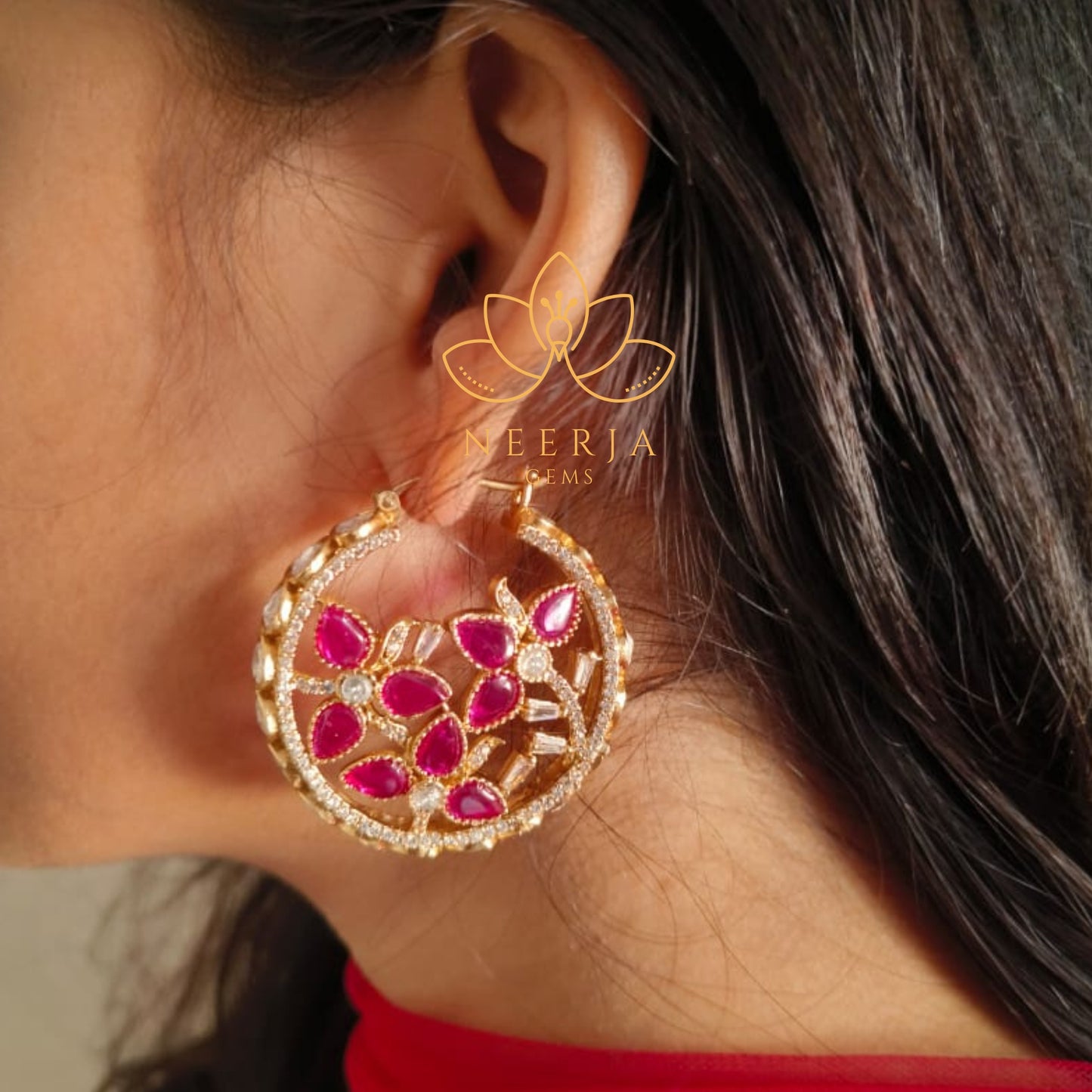 Ruby Blossom Polki Hoops