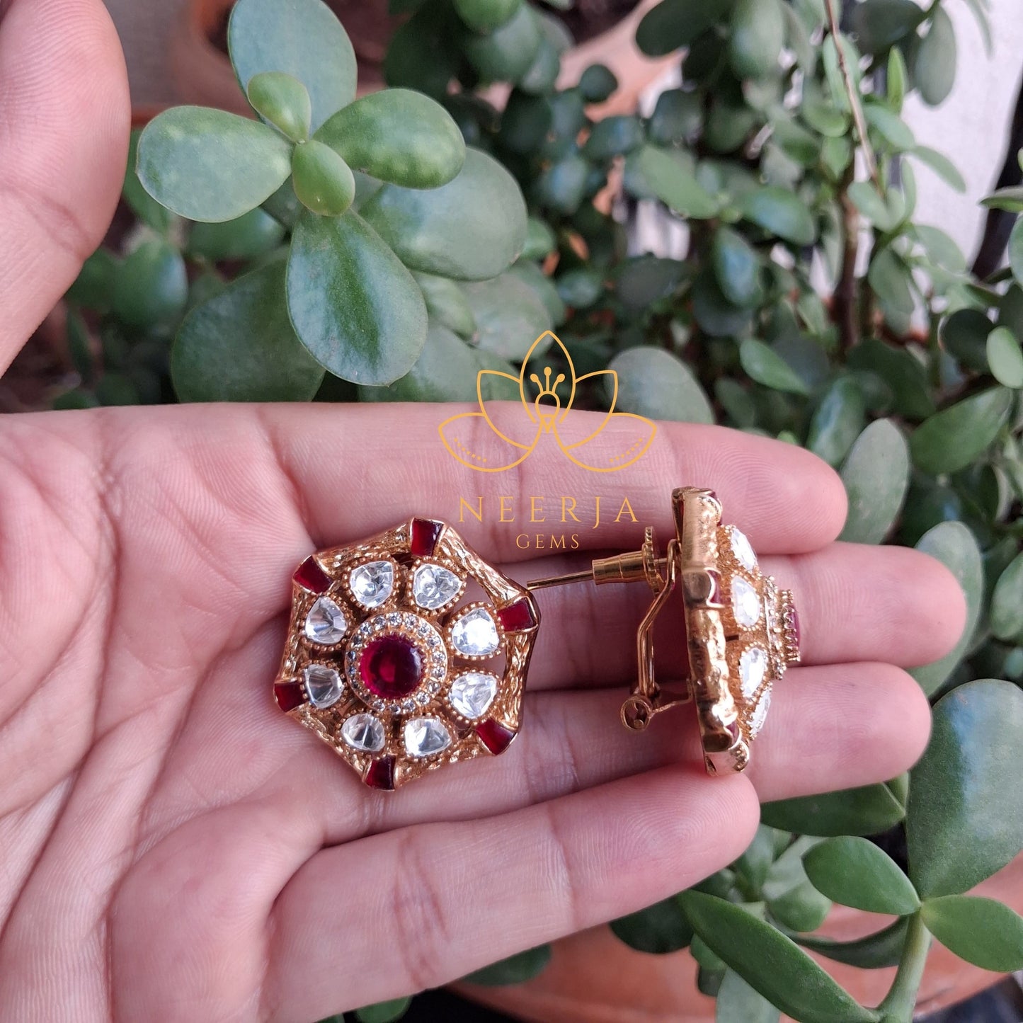 Vintage Red Kundan Floral Earrings