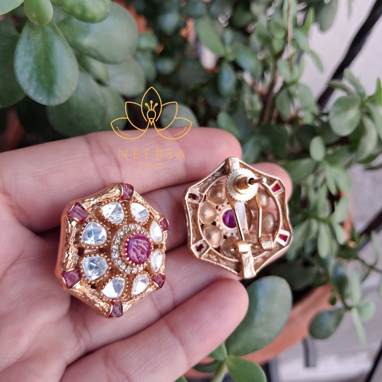 Vintage Red Kundan Floral Earrings