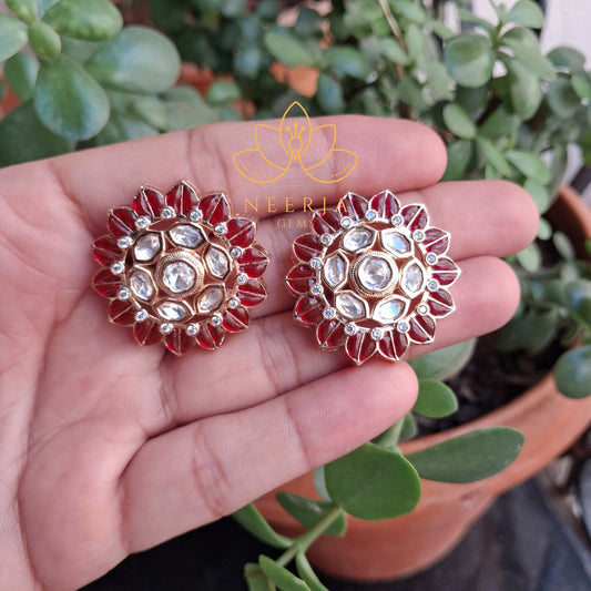 Red Meenakari Floral Kundan Earrings