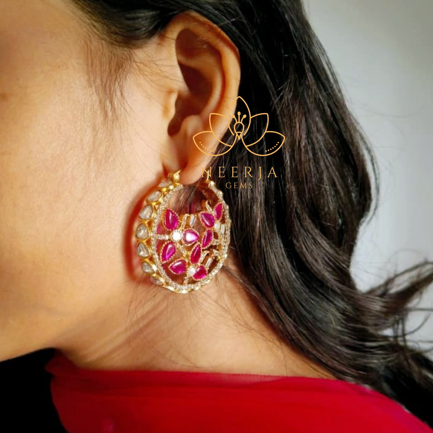 Ruby Blossom Polki Hoops