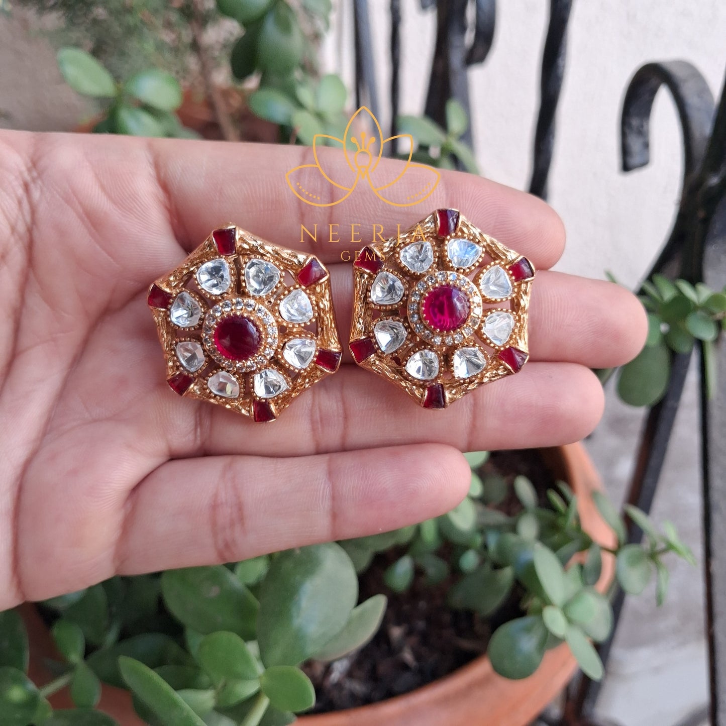 Vintage Red Kundan Floral Earrings