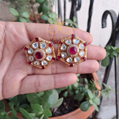 Vintage Red Kundan Floral Earrings
