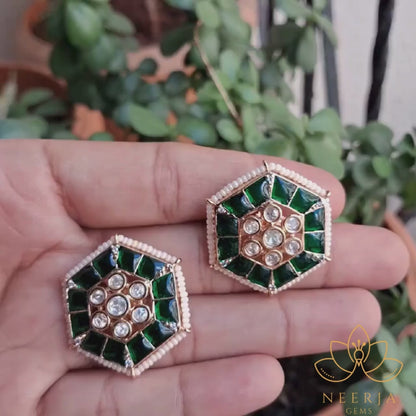 Green Kundan Hexagon Earrings