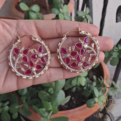 Ruby Blossom Polki Hoops